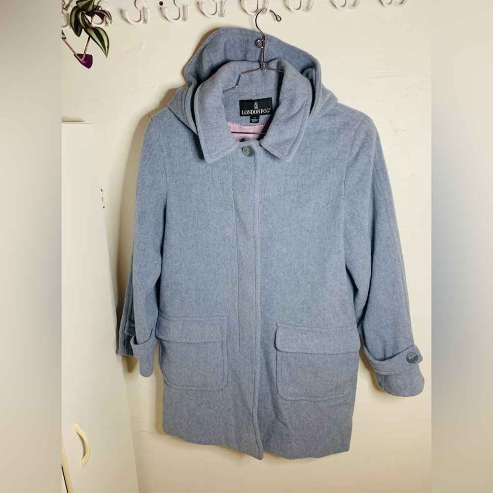 London Fog Dusty Blue Wool Hooded Coat